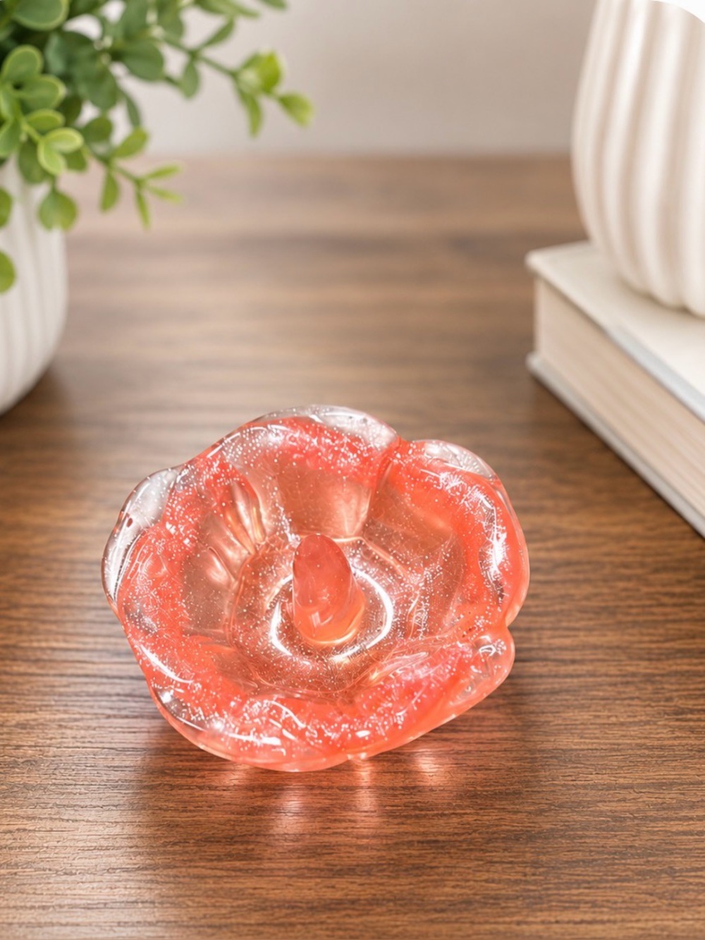 Tea Rose resin Decorative ring holder in Coral